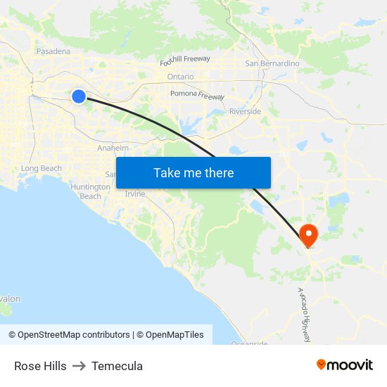 Rose Hills to Temecula map
