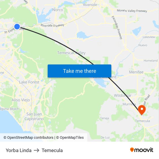Yorba Linda to Temecula map