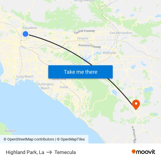 Highland Park, La to Temecula map