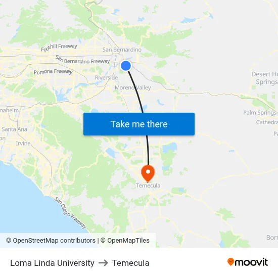 Loma Linda University to Temecula map