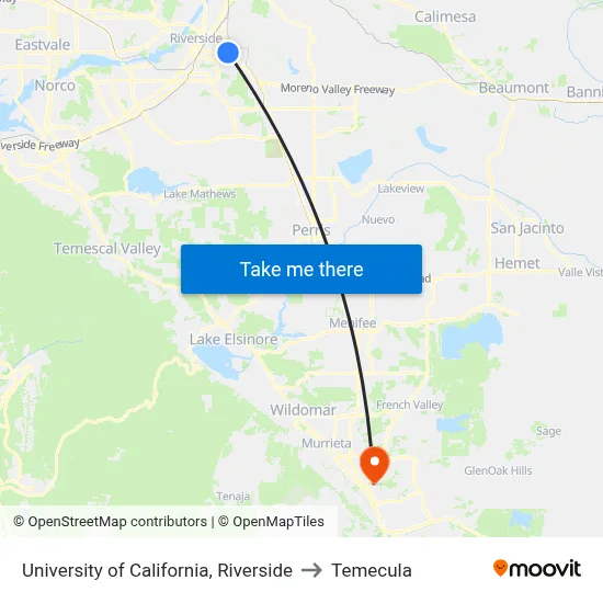 University of California, Riverside to Temecula map