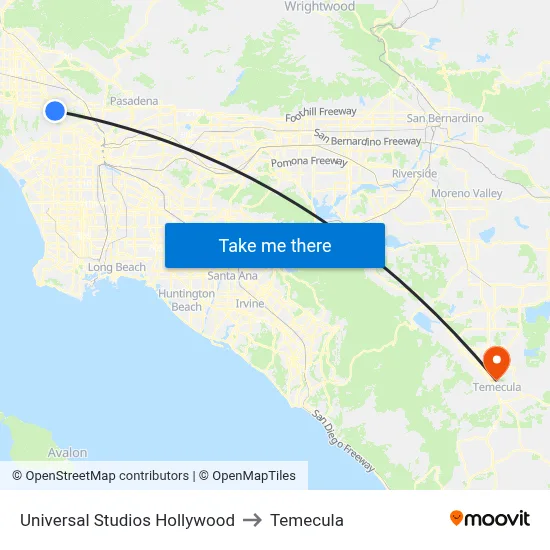 Universal Studios Hollywood to Temecula map