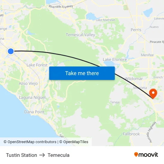 Tustin Station to Temecula map