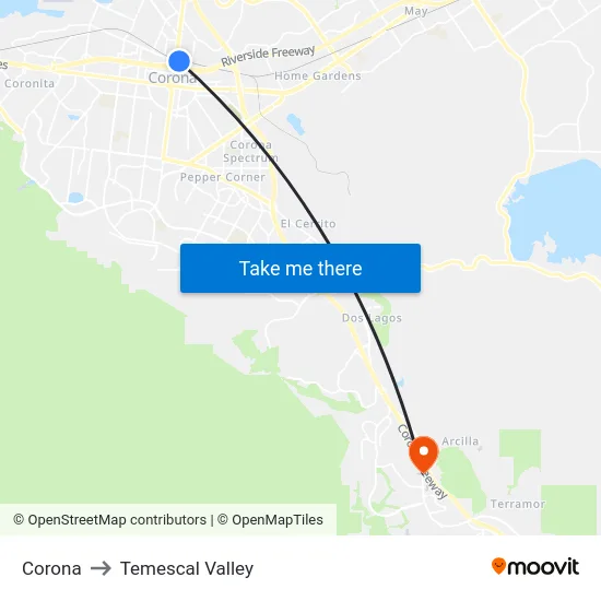 Corona to Temescal Valley map