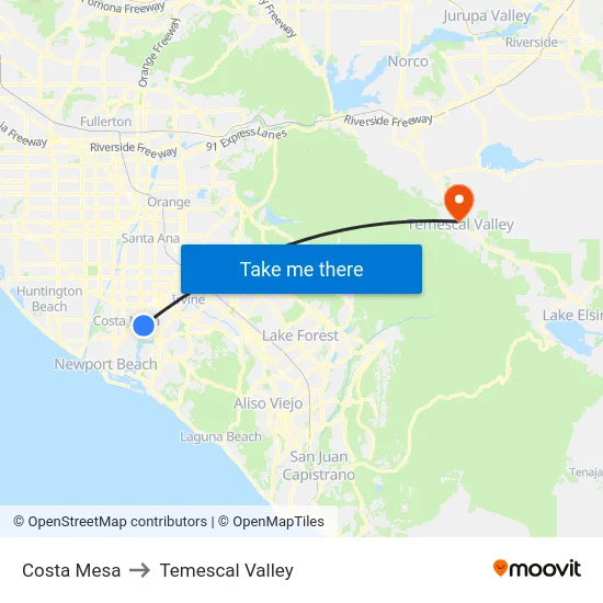 Costa Mesa to Temescal Valley map