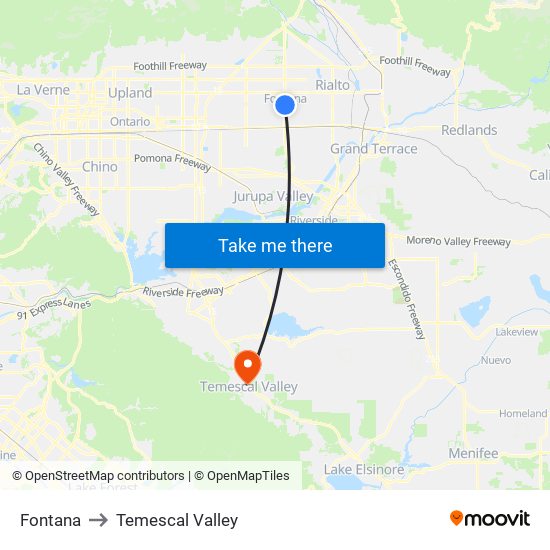 Fontana to Temescal Valley map