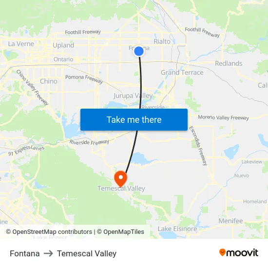 Fontana to Temescal Valley map