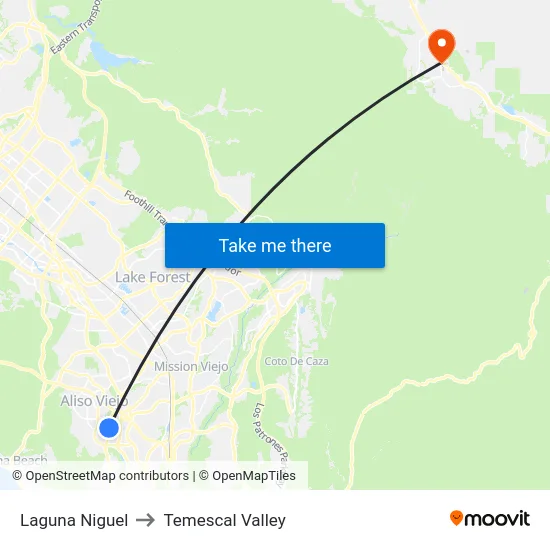 Laguna Niguel to Temescal Valley map