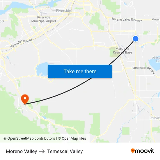 Moreno Valley to Temescal Valley map