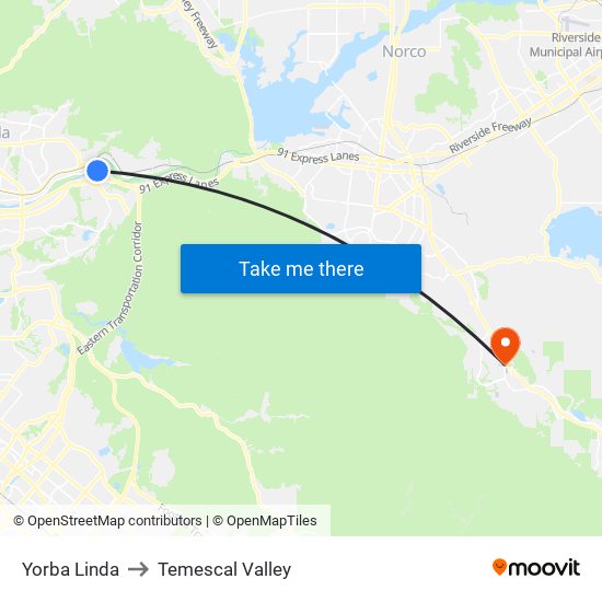 Yorba Linda to Temescal Valley map