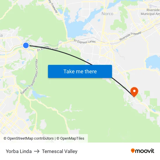 Yorba Linda to Temescal Valley map