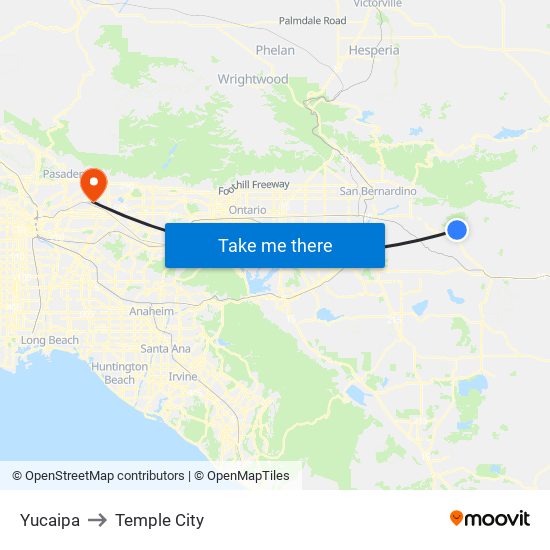 Yucaipa to Temple City map