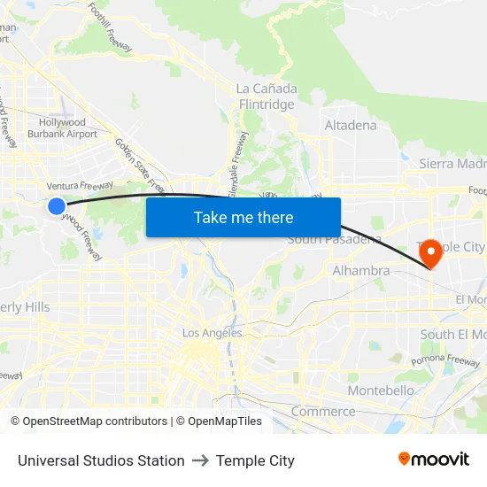 Universal Studios Station to Temple City map