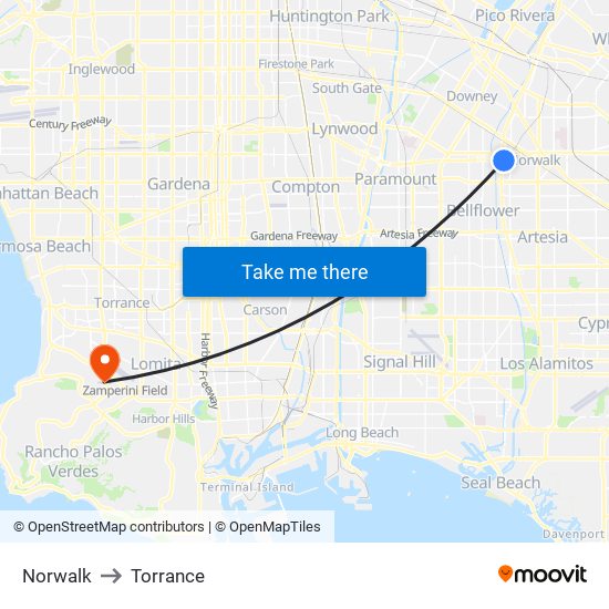 Norwalk to Torrance map