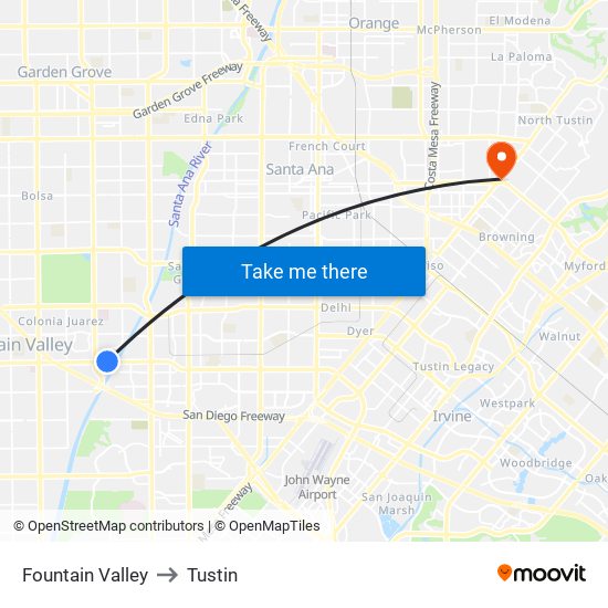 Fountain Valley to Tustin map