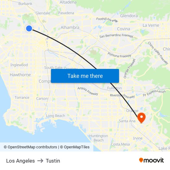 Los Angeles to Tustin map