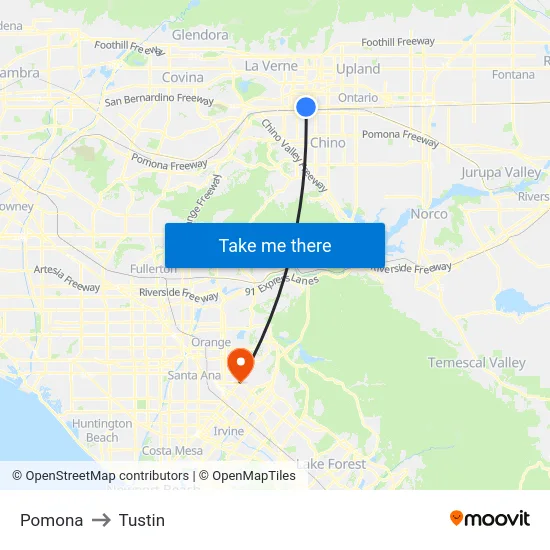 Pomona to Tustin map