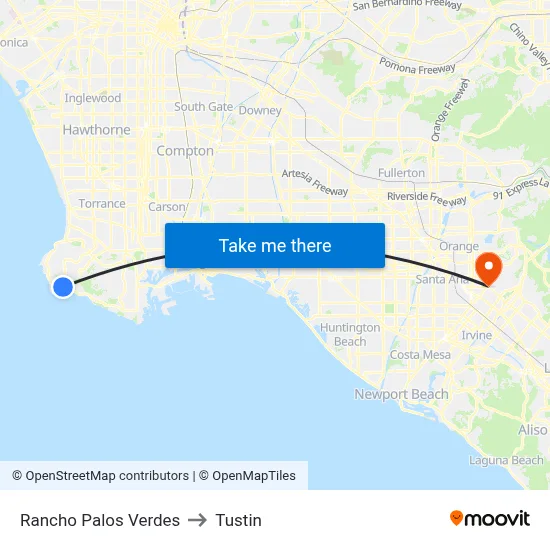 Rancho Palos Verdes to Tustin map