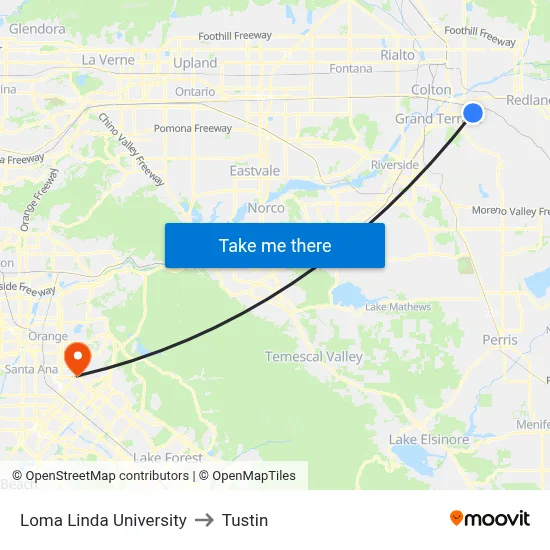 Loma Linda University to Tustin map