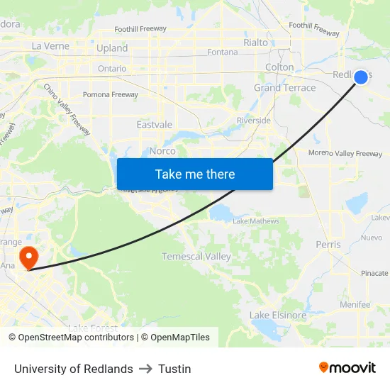University of Redlands to Tustin map