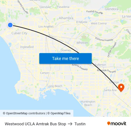 Westwood UCLA Amtrak Bus Stop to Tustin map