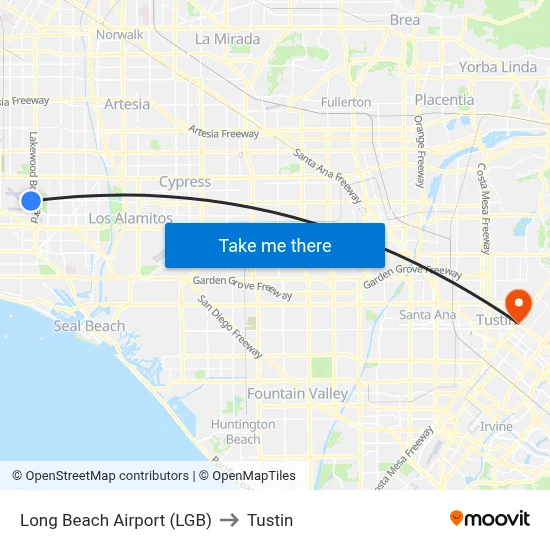 Long Beach Airport (LGB) to Tustin map