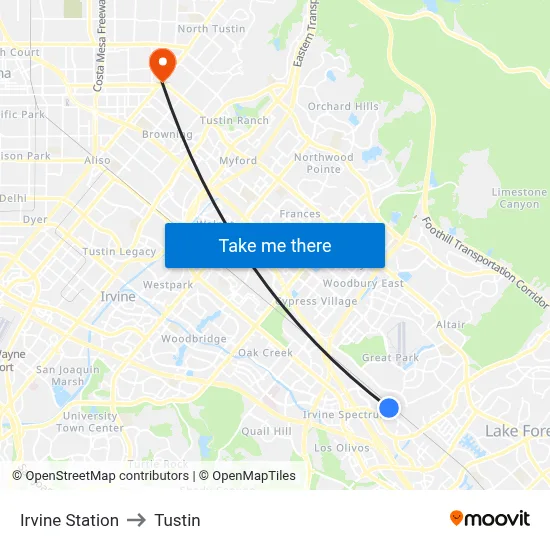 Irvine Station to Tustin map