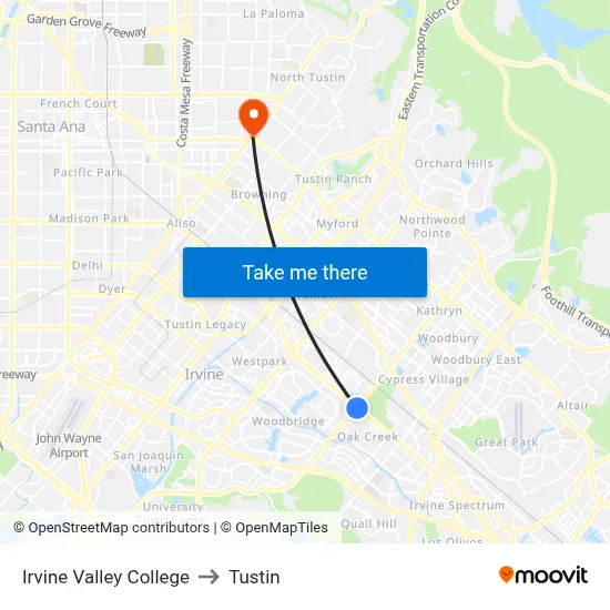 Irvine Valley College to Tustin map