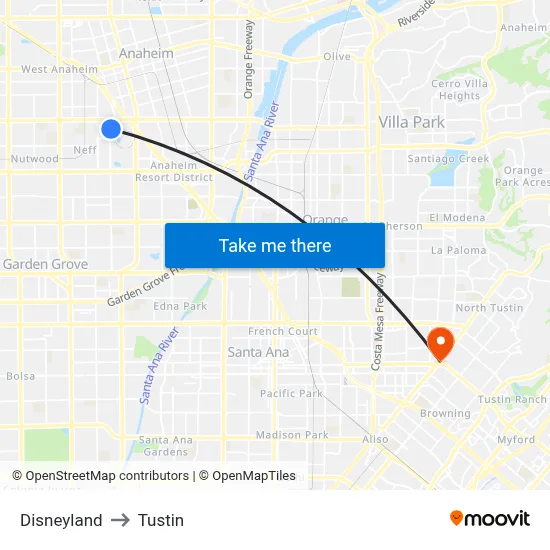Disneyland to Tustin map