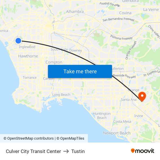Culver City Transit Center to Tustin map