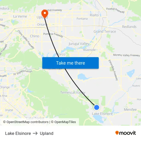 Lake Elsinore to Upland map