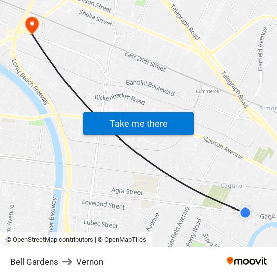 Bell Gardens to Vernon map