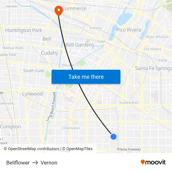 Bellflower to Vernon map