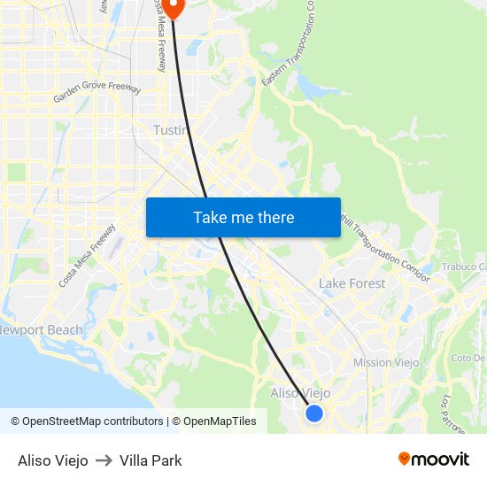 Aliso Viejo to Villa Park map