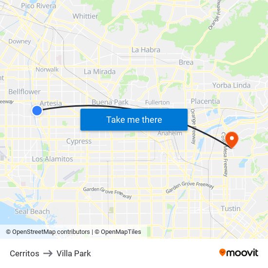 Cerritos to Villa Park map