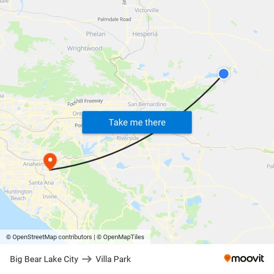 Big Bear Lake City to Villa Park map