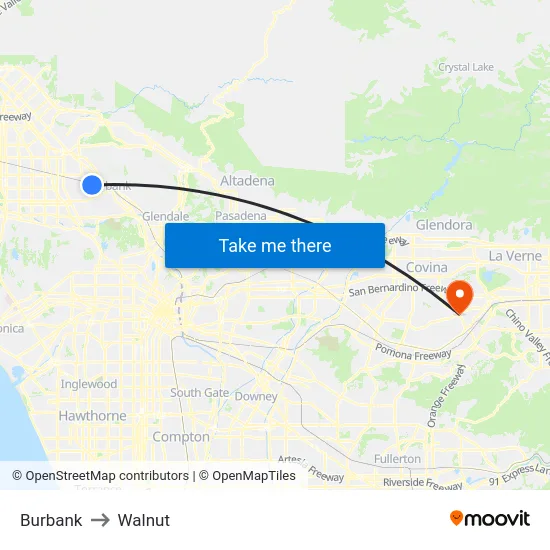 Burbank to Walnut map