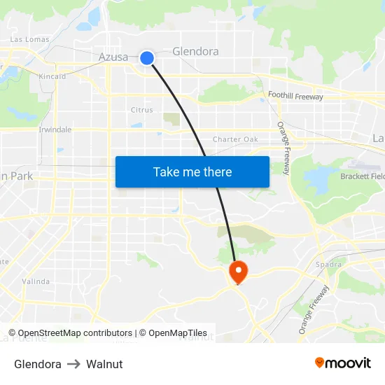 Glendora to Walnut map