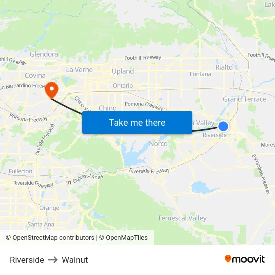 Riverside to Walnut map