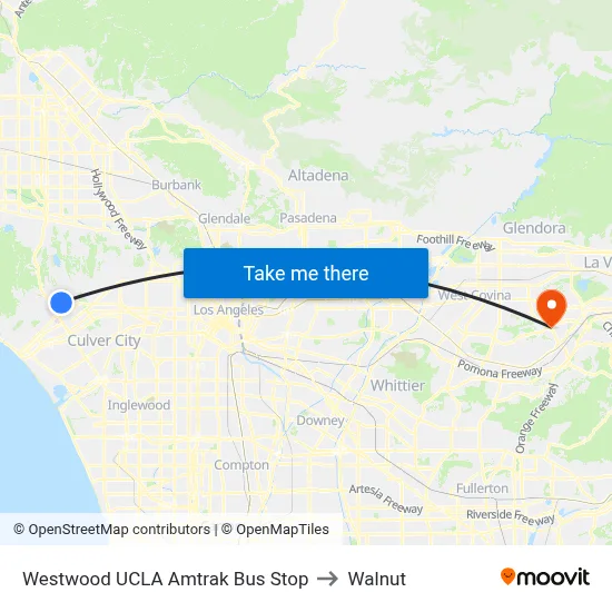 Westwood UCLA Amtrak Bus Stop to Walnut map