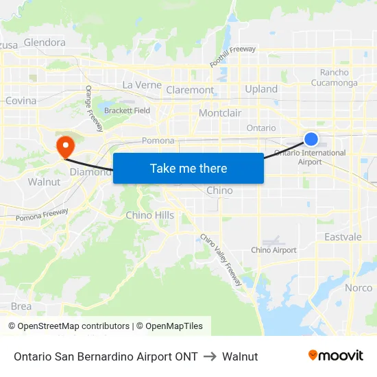 Ontario San Bernardino Airport ONT to Walnut map