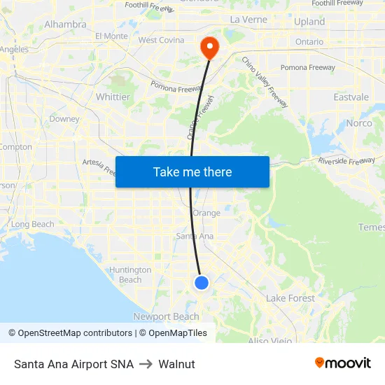 Santa Ana Airport SNA to Walnut map