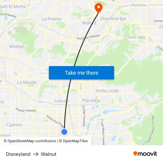 Disneyland to Walnut map