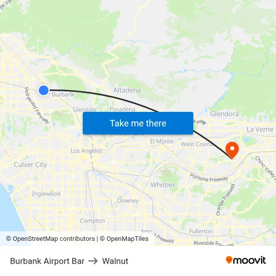 Burbank Airport Bar to Walnut map
