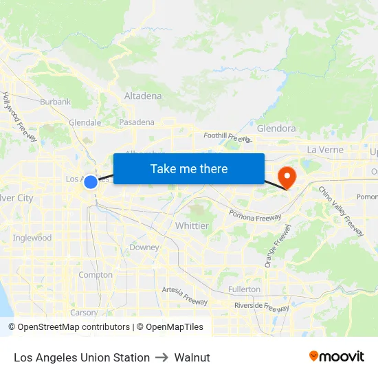 Los Angeles Union Station to Walnut map