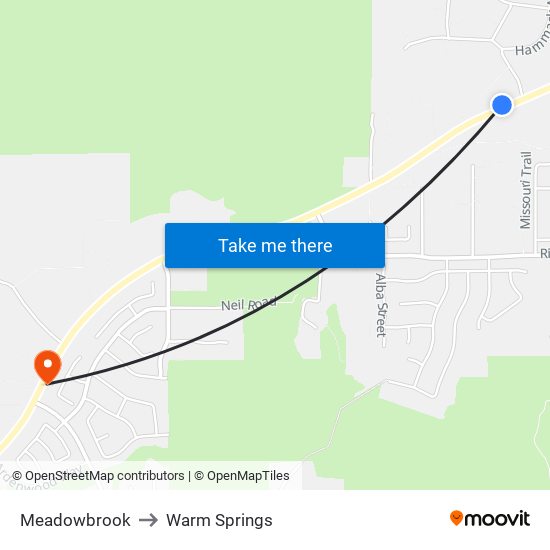 Meadowbrook to Warm Springs map