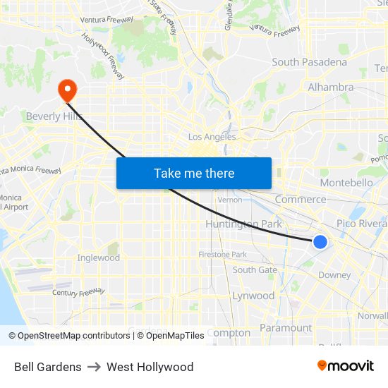 Bell Gardens to West Hollywood map