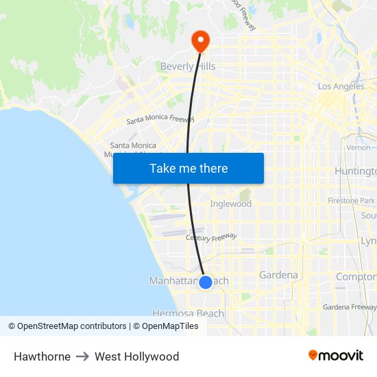 Hawthorne to West Hollywood map