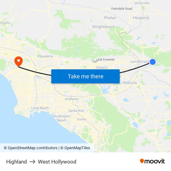 Highland to West Hollywood map