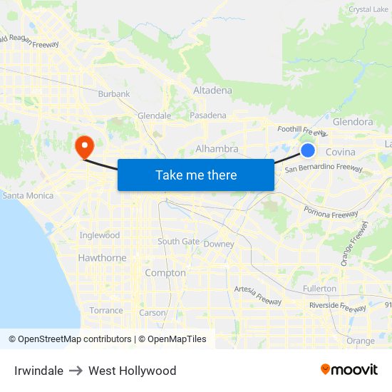 Irwindale to West Hollywood map